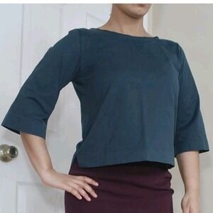 Uniqlo Womens XS‎ 100% Cotton Wide Sleeve Quarter Length Cropped Dark Blue Shirt
